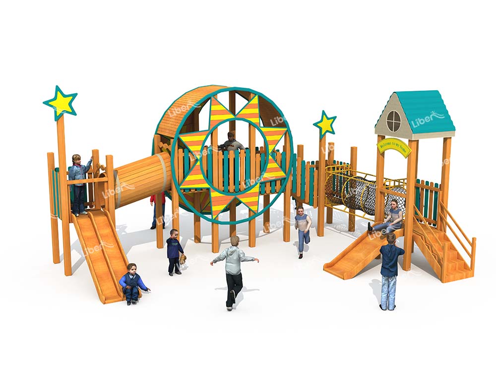 Children's Outdoor Wooden Playground With Net Bridge
