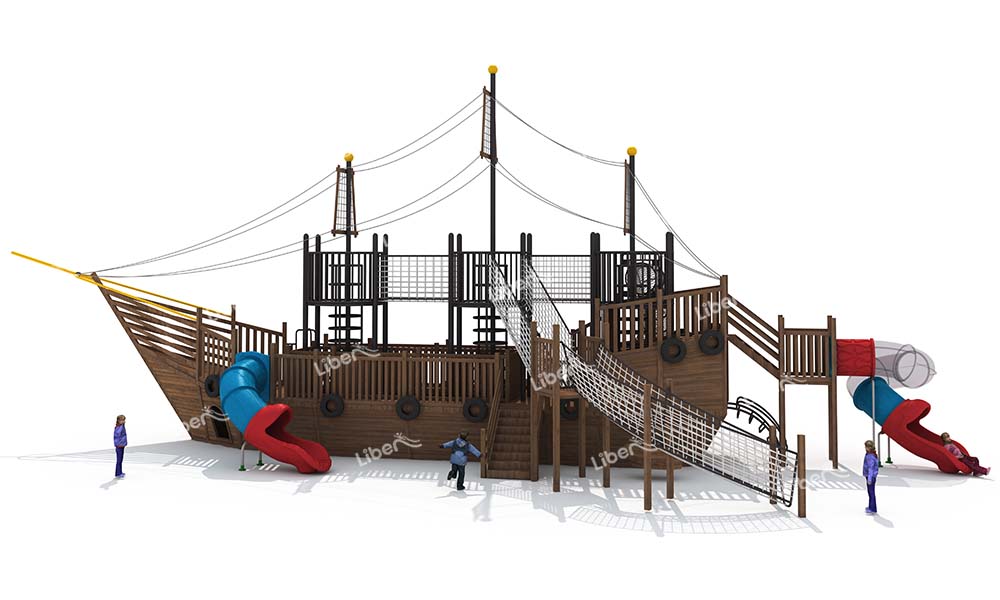 Pirate Ship Children Outdoor Wooden Playground With Plastic Slide